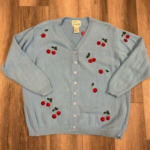 🦆Quacker Factory🦆 Cherry Embroidered Blue Cardigan Sweater